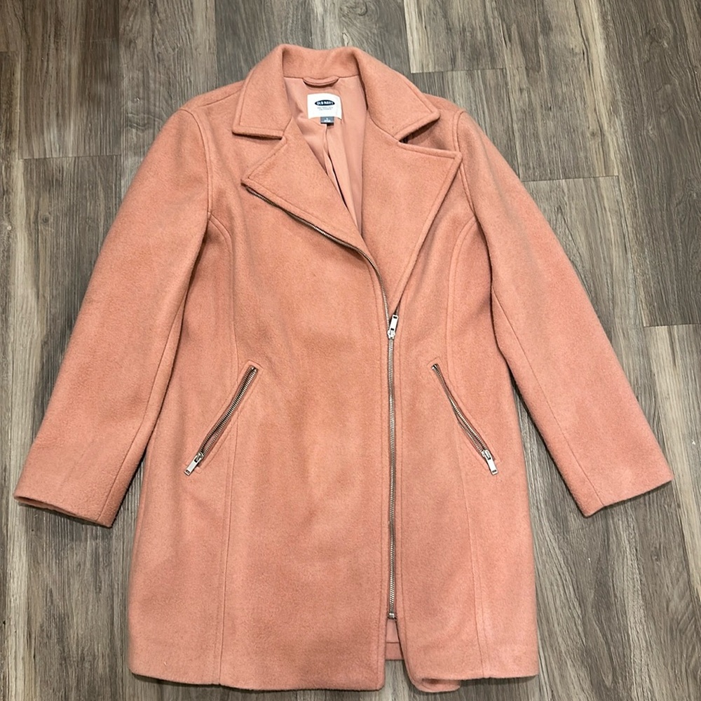 🧥 Old Navy Pink Wool Blend Moto Coat Asymmetrical Zip Large